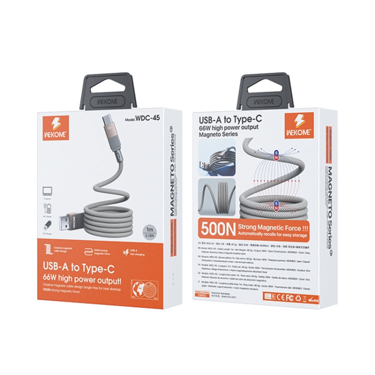 WK WDC-45 Magneto Series 1m 66W USB to Type-C Fast Charging Magnetic Data Cable - Grey