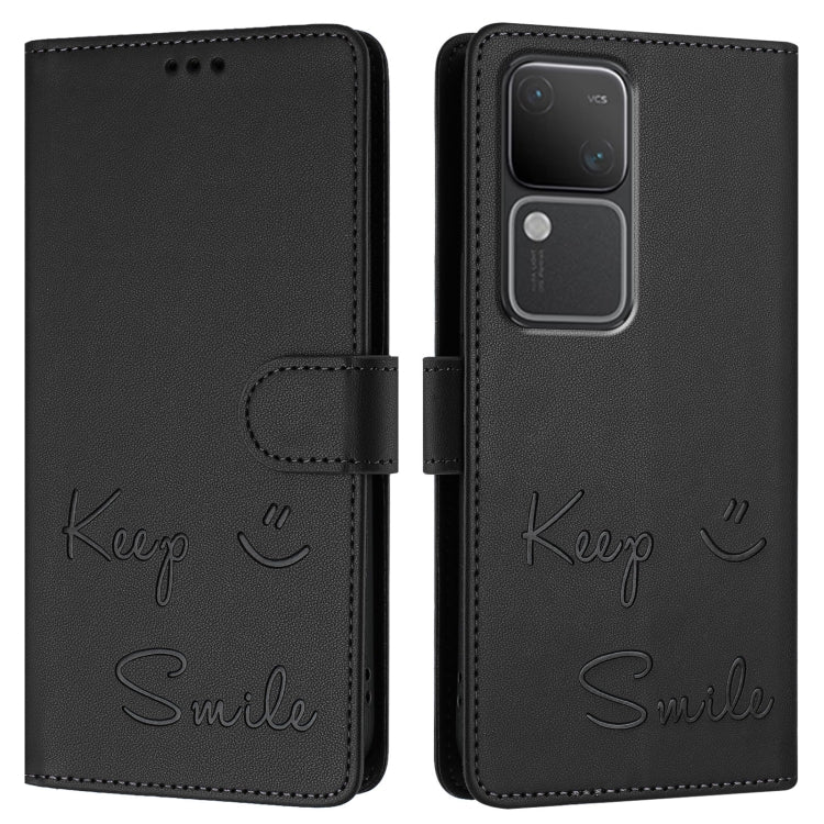 For vivo V30 5G Global Smile Embossing RFID Leather Phone Case
