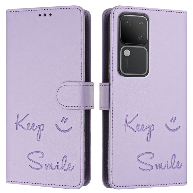 For vivo V30 5G Global Smile Embossing RFID Leather Phone Case