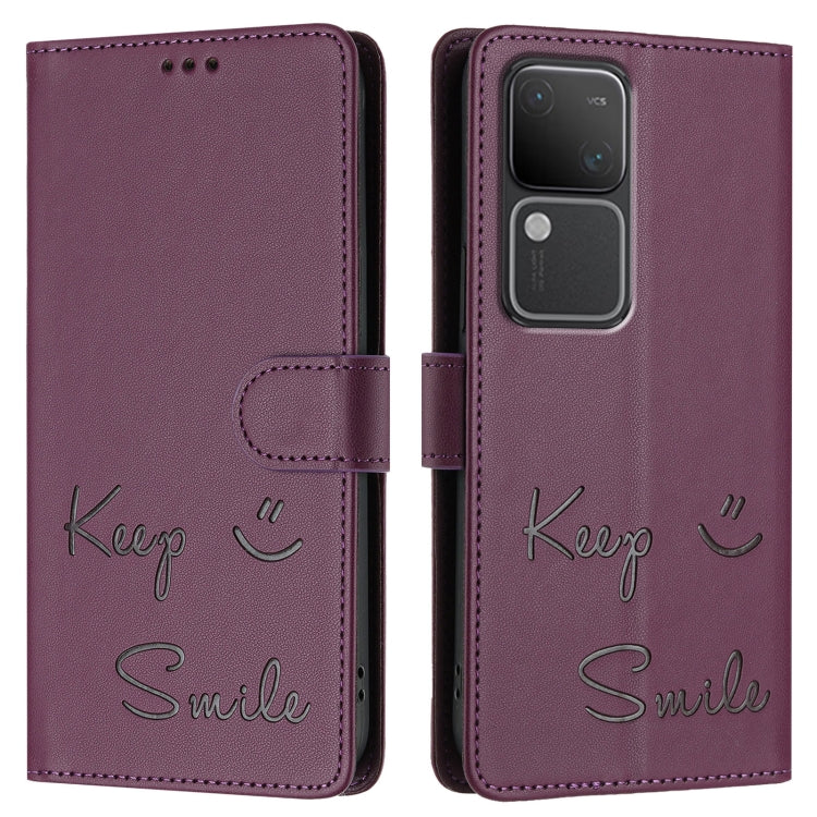 For vivo V30 5G Global Smile Embossing RFID Leather Phone Case