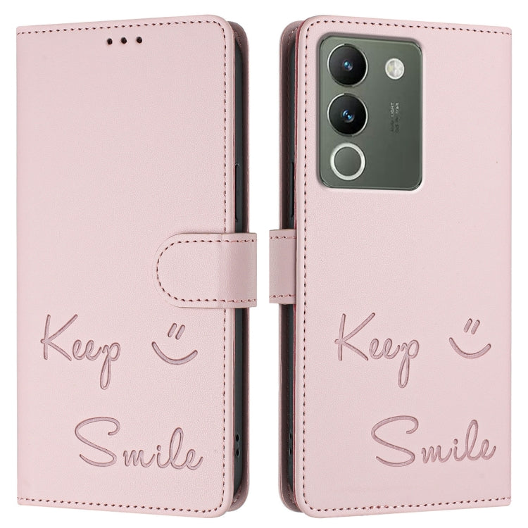 For vivo V29E 5G Global Smile Embossing RFID Leather Phone Case