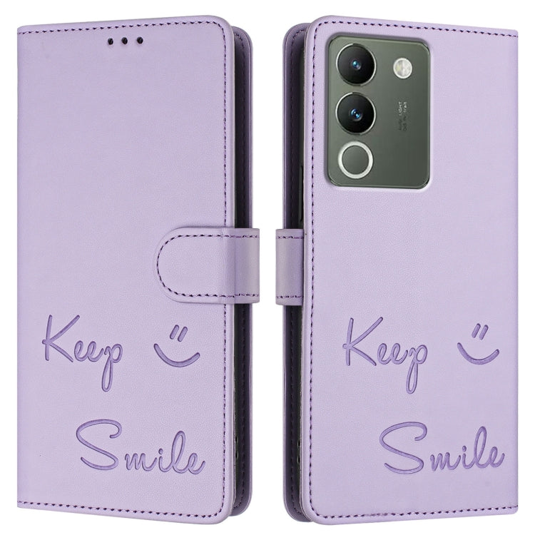 For vivo V29E 5G Global Smile Embossing RFID Leather Phone Case