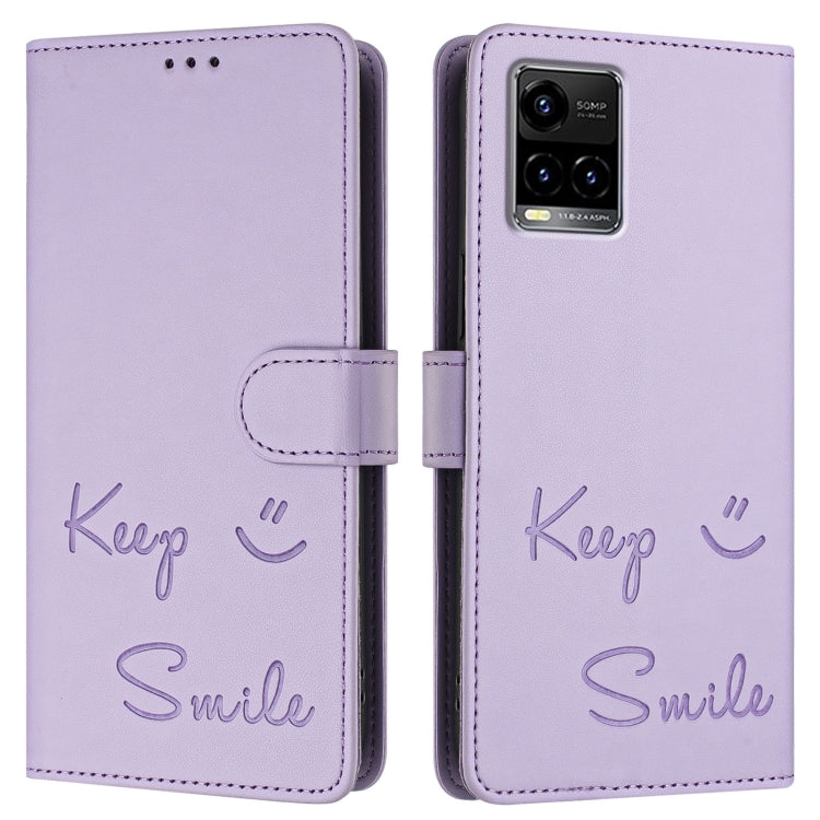 For vivo Y33S 4G Global Smile Embossing RFID Leather Phone Case