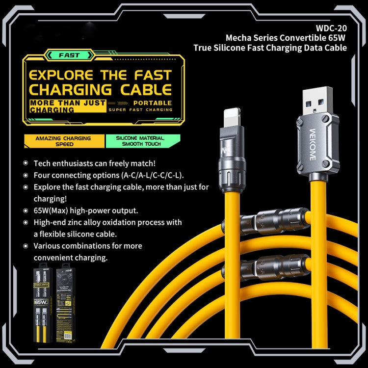 WK WDC-20 Mecha Series Silicone 1.4m 65W 4-in-1 Fast Charging Data Cable - Yellow