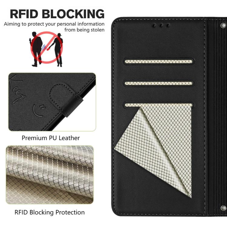 For Redmi Note 14 4G 163.25mm Smile Embossing RFID Leather Phone Case