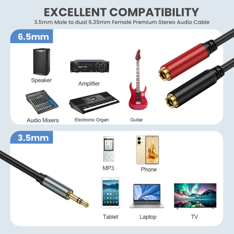 0.3m Gold Plated 3.5mm TRS Male to 2 x 6.35mm Female Laptop Y Splitter Adapter Audio Cable - Black