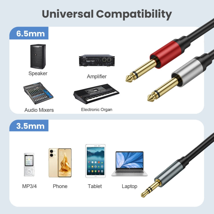0.3m Gold Plated 3.5mm TRS Stereo to Dual 6.35mm TS Mono Y Splitter Adapter Audio Cable - Black