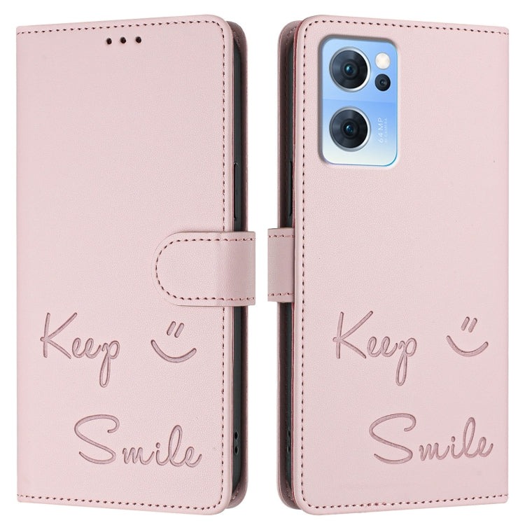 For OPPO Reno7 5G Global Smile Embossing RFID Leather Phone Case