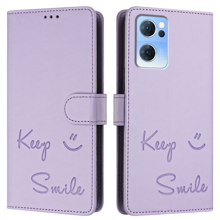 For OPPO Reno7 5G Global Smile Embossing RFID Leather Phone Case