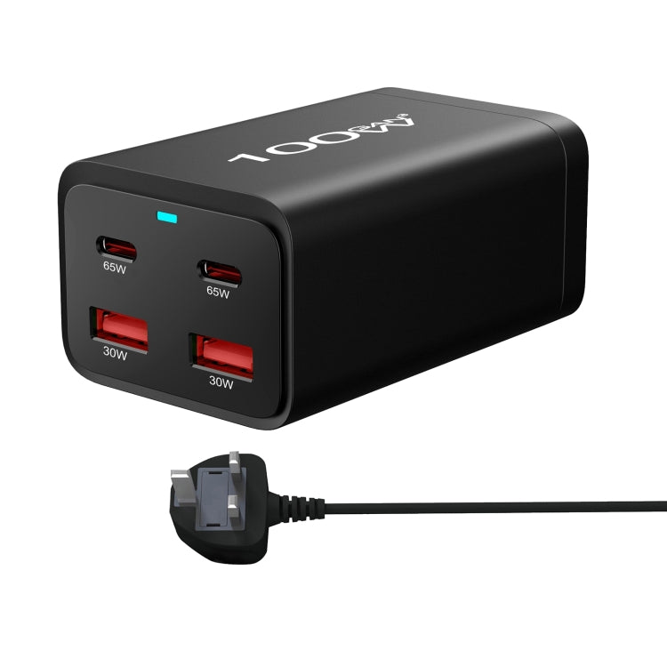 2A2C-100W GaN Pro 100W USB x 2, USB-C / Type-C x 2 Fast Charger, Plug Type:UK Plug - Black