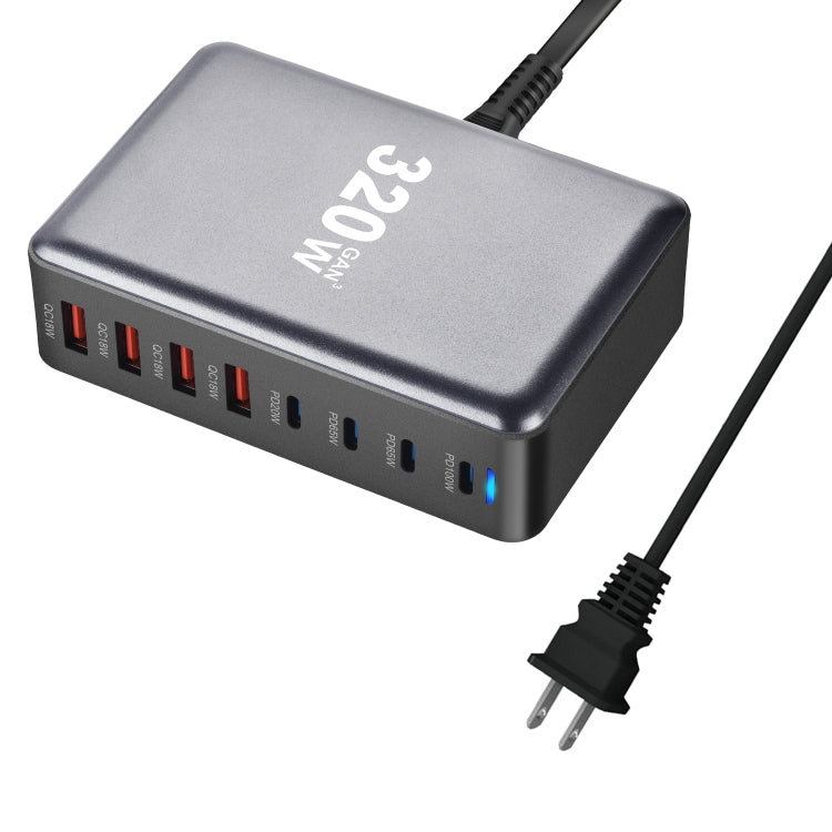 YMX-320W GaN 320W USB x 4, USB-C / Type-C x 4 Fast Charger, Plug Type:US Plug - Grey