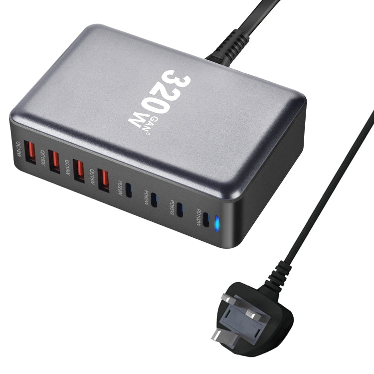 YMX-320W GaN 320W USB x 4, USB-C / Type-C x 4 Fast Charger, Plug Type:UK Plug - Grey