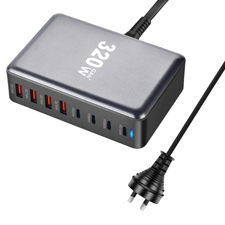 YMX-320W GaN 320W USB x 4, USB-C / Type-C x 4 Fast Charger, Plug Type:AU Plug - Grey