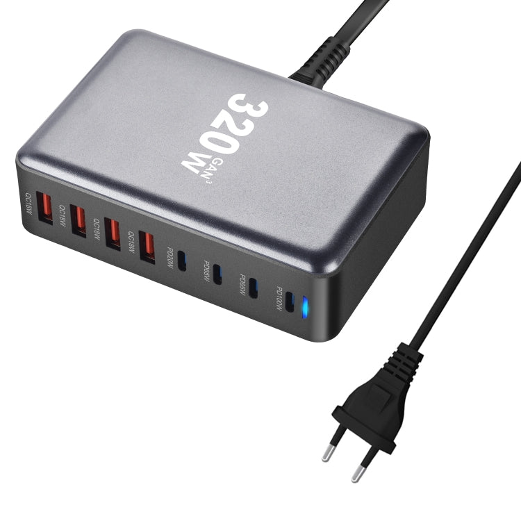 YMX-320W GaN 320W USB x 4, USB-C / Type-C x 4 Fast Charger, Plug Type:EU Plug - Grey