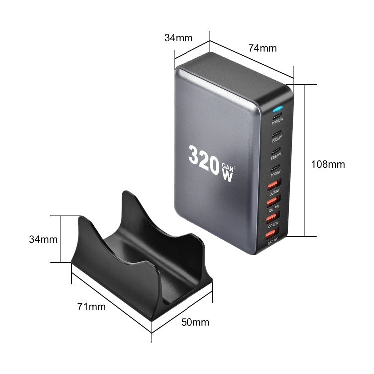 YMX-320W GaN 320W USB x 4, USB-C / Type-C x 4 Fast Charger, Plug Type:US Plug - Grey