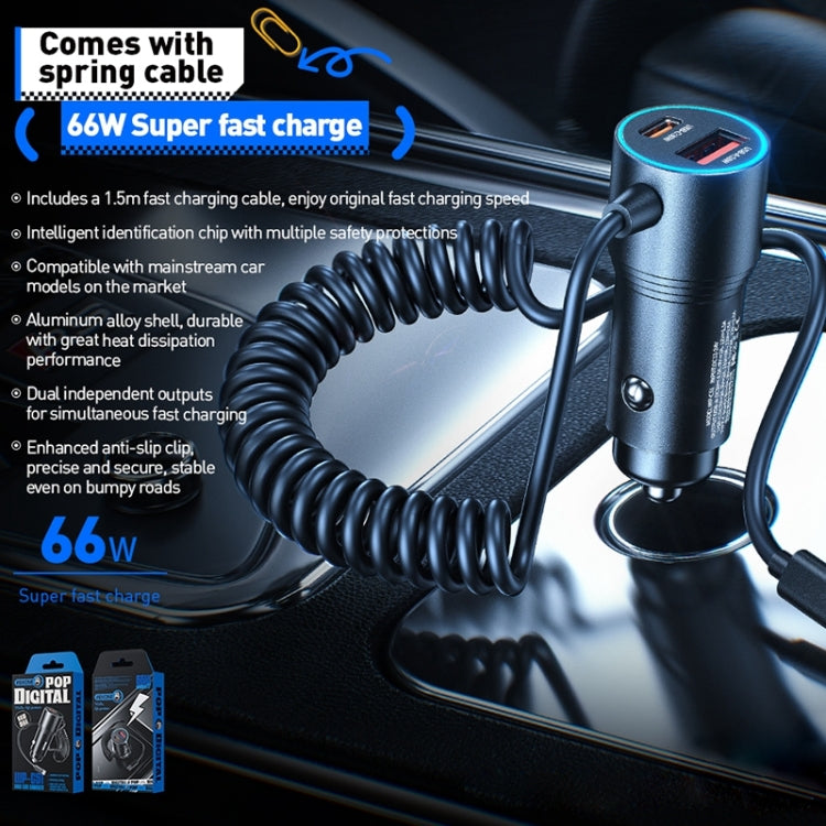 WEKOME WP-C51 Pop Digital Series 66W USB, USB-C / Type-C Car Charger with Charging Cable - Black