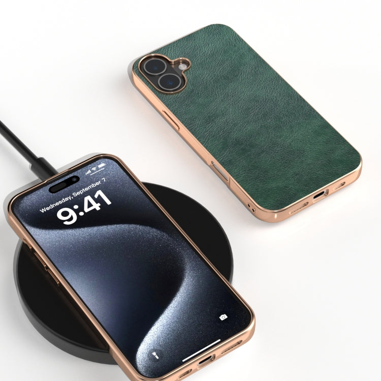For iPhone 16 Nano Electroplating Dual Color Lichi Texture PU Phone Case