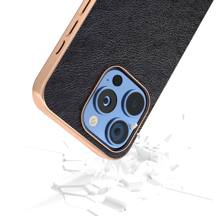 For iPhone 16 Pro Nano Electroplating Dual Color Lichi Texture PU Phone Case