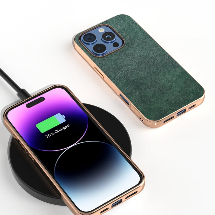 For iPhone 16 Pro Nano Electroplating Dual Color Lichi Texture PU Phone Case