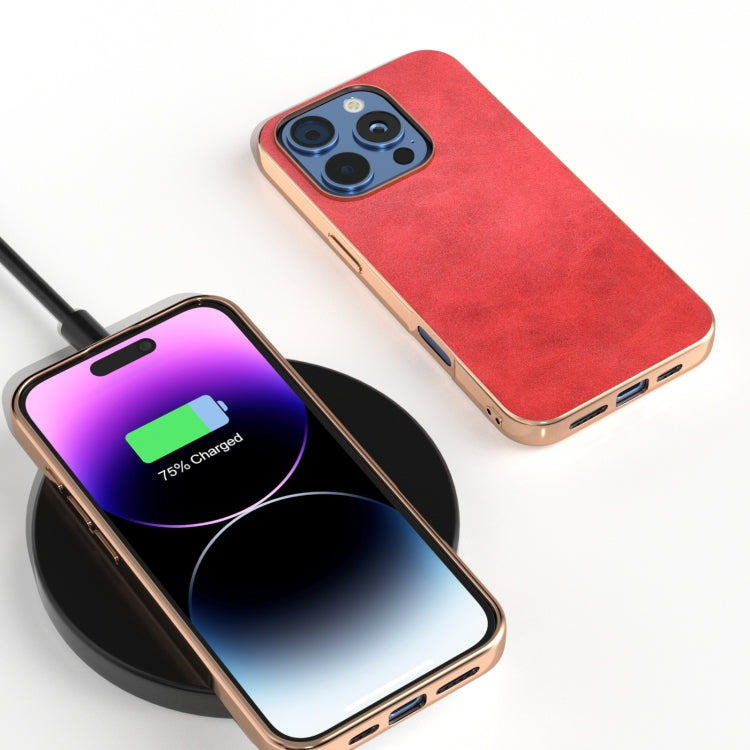 For iPhone 16 Pro Max Nano Electroplating Dual Color Cowhide Texture Protective Phone Case