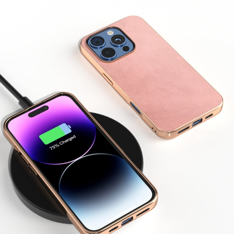 For iPhone 16 Pro Max Nano Electroplating Dual Color Cowhide Texture Protective Phone Case