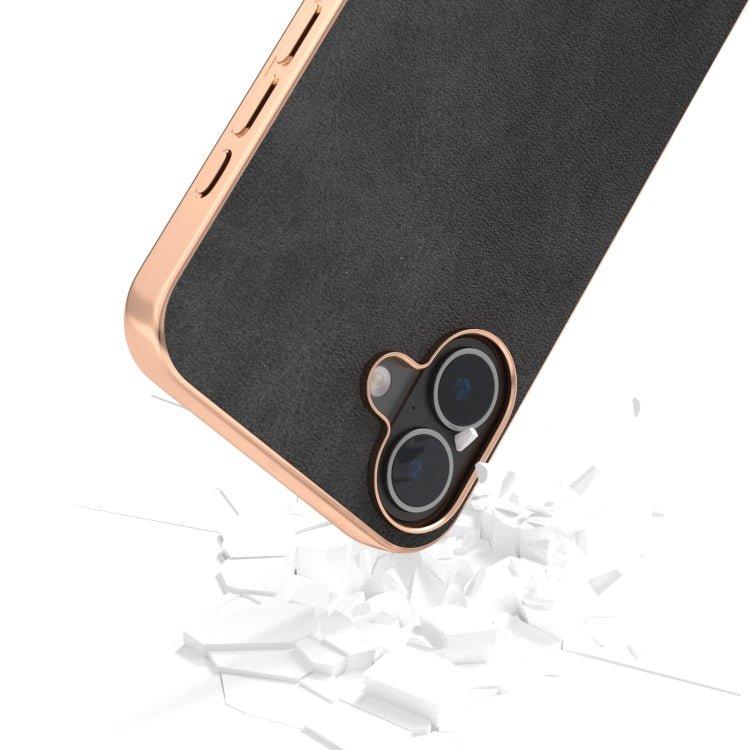 For iPhone 16 Plus Nano Electroplating Dual Color Cowhide Texture Protective Phone Case