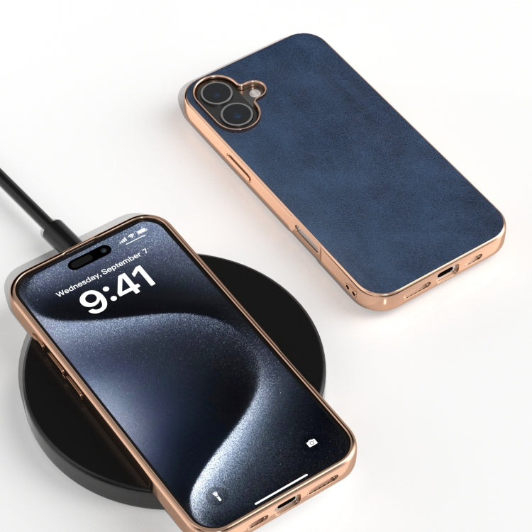 For iPhone 16 Plus Nano Electroplating Dual Color Cowhide Texture Protective Phone Case