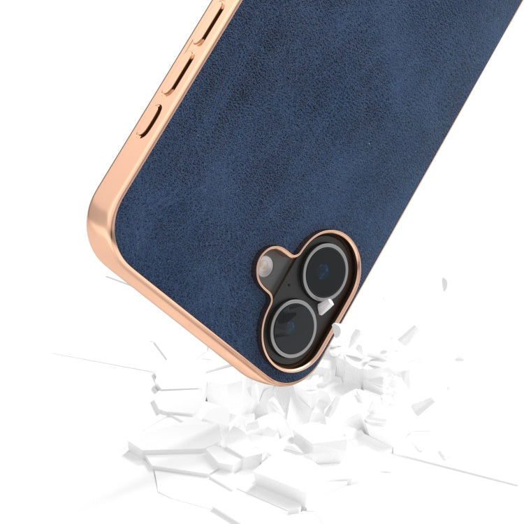 For iPhone 16 Plus Nano Electroplating Dual Color Cowhide Texture Protective Phone Case