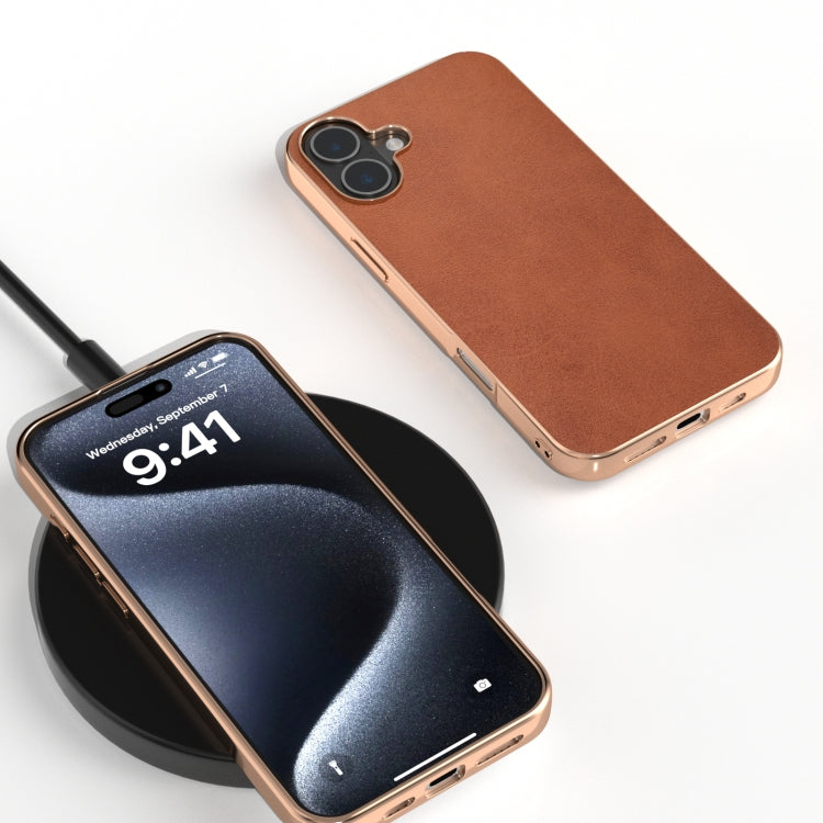 For iPhone 16 Plus Nano Electroplating Dual Color Cowhide Texture Protective Phone Case