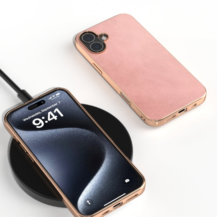For iPhone 16 Plus Nano Electroplating Dual Color Cowhide Texture Protective Phone Case