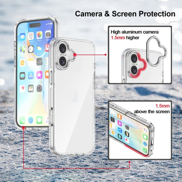 For iPhone 16 Plus Metal Buttons PC Hybrid TPU Phone Case - Transparent
