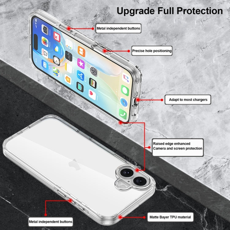 For iPhone 16 Plus Metal Buttons PC Hybrid TPU Phone Case - Transparent