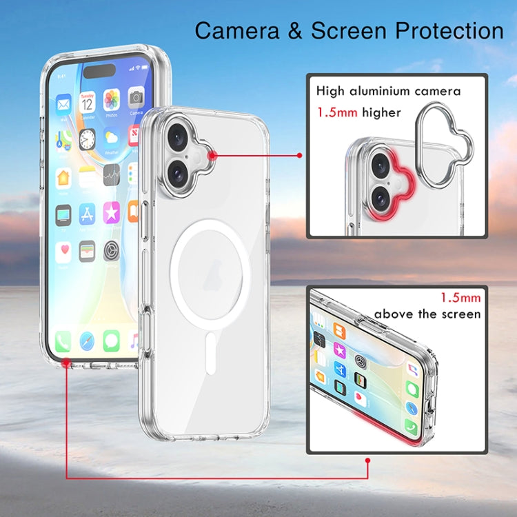 For iPhone 16 Plus Metal Buttons MagSafe Magnetic PC Hybrid TPU Phone Case - Transparent