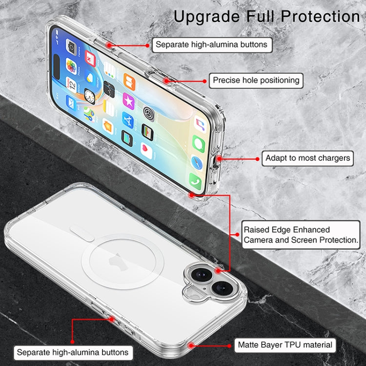 For iPhone 16 Plus Metal Buttons MagSafe Magnetic PC Hybrid TPU Phone Case - Transparent