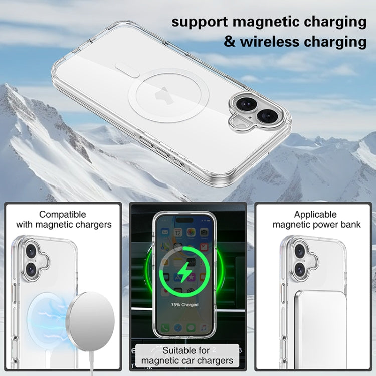 For iPhone 16 Plus Metal Buttons MagSafe Magnetic PC Hybrid TPU Phone Case - Transparent