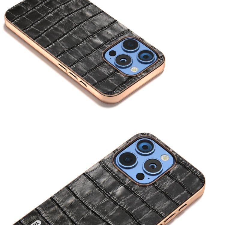 For iPhone 16 Pro Max ABEEL Electroplating Frame Crocodile Texture Genuine Leather Phone Case