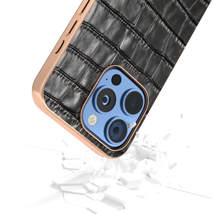 For iPhone 16 Pro Max ABEEL Electroplating Frame Crocodile Texture Genuine Leather Phone Case