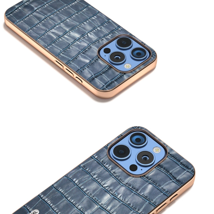 For iPhone 16 Pro Max ABEEL Electroplating Frame Crocodile Texture Genuine Leather Phone Case