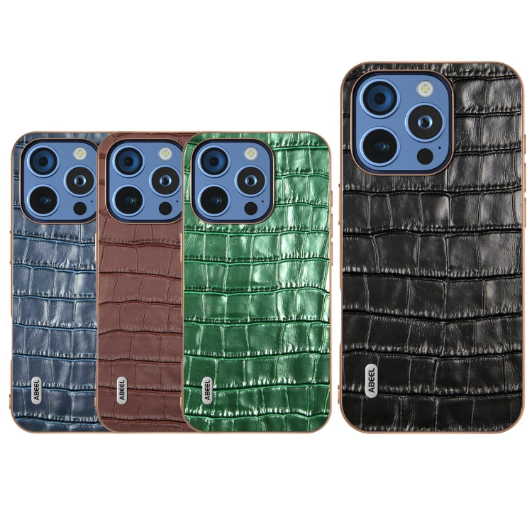 For iPhone 16 Pro Max ABEEL Electroplating Frame Crocodile Texture Genuine Leather Phone Case
