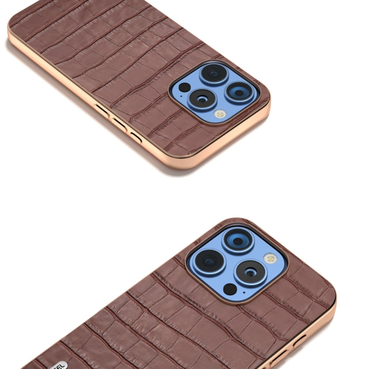 For iPhone 16 Pro Max ABEEL Electroplating Frame Crocodile Texture Genuine Leather Phone Case