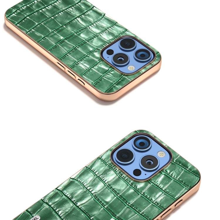 For iPhone 16 Pro Max ABEEL Electroplating Frame Crocodile Texture Genuine Leather Phone Case