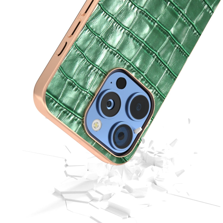 For iPhone 16 Pro Max ABEEL Electroplating Frame Crocodile Texture Genuine Leather Phone Case