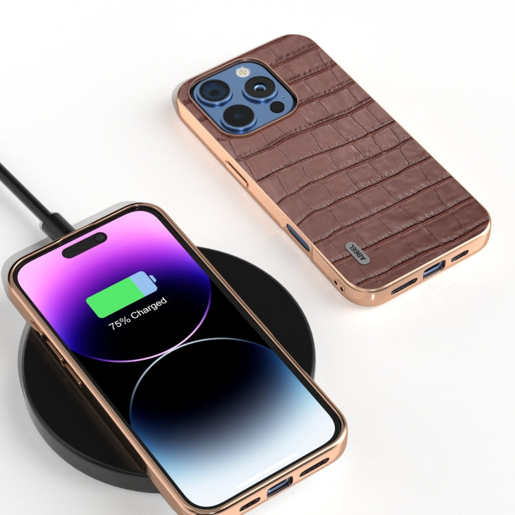 For iPhone 16 Pro ABEEL Electroplating Frame Crocodile Texture Genuine Leather Phone Case
