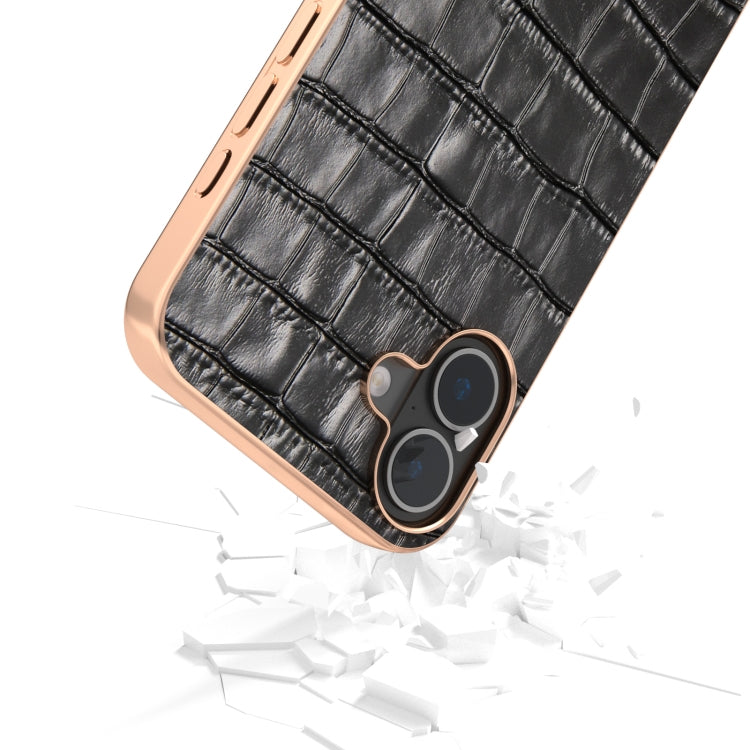 For iPhone 16 Plus ABEEL Electroplating Frame Crocodile Texture Genuine Leather Phone Case