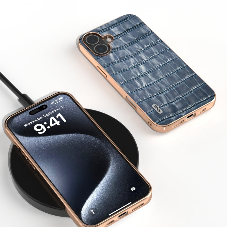 For iPhone 16 Plus ABEEL Electroplating Frame Crocodile Texture Genuine Leather Phone Case