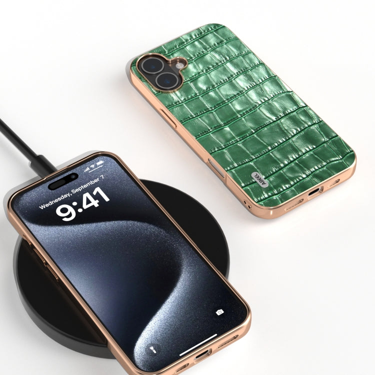 For iPhone 16 Plus ABEEL Electroplating Frame Crocodile Texture Genuine Leather Phone Case