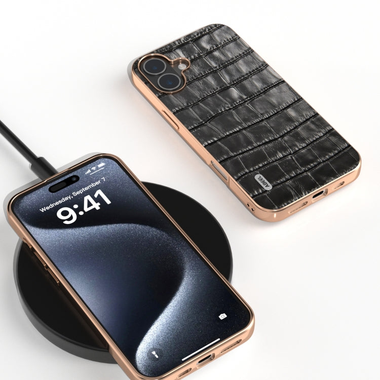 For iPhone 16 ABEEL Electroplating Frame Crocodile Texture Genuine Leather Phone Case