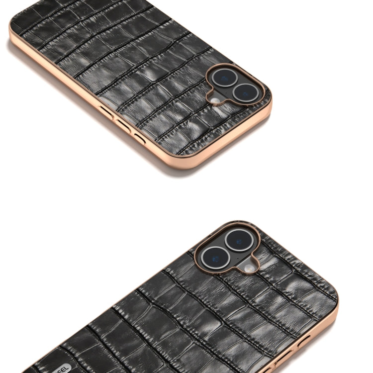 For iPhone 16 ABEEL Electroplating Frame Crocodile Texture Genuine Leather Phone Case
