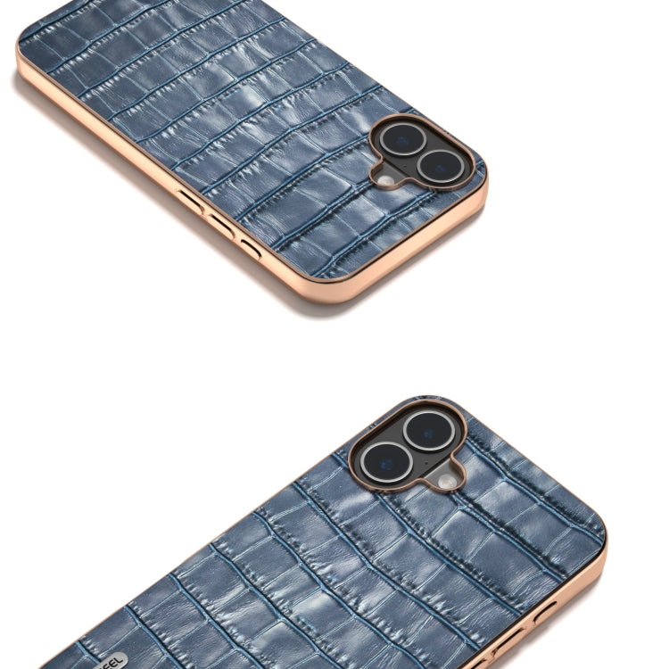 For iPhone 16 ABEEL Electroplating Frame Crocodile Texture Genuine Leather Phone Case