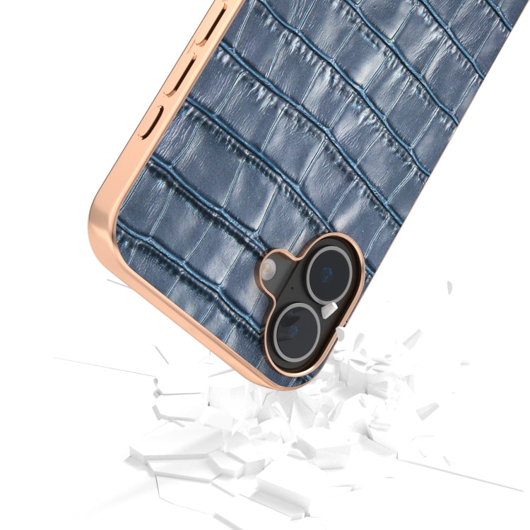 For iPhone 16 ABEEL Electroplating Frame Crocodile Texture Genuine Leather Phone Case